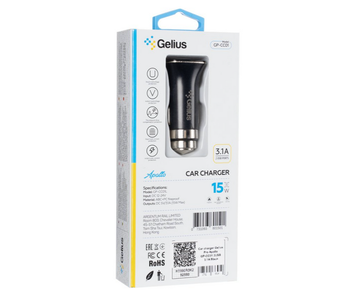 Автомобільний зарядний пристрій Gelius Apollo GP-CC01 2USB 3.1A 15W Black 6690 фото